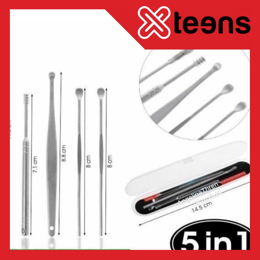 [5 IN1] + (Kuas) Alat Pembersih Telinga Stainless 1 Set Korek Kuping Stainless Spiral Lengkap Earpick Kotoran Keras Sedot untuk Dewasa Bayi Balita