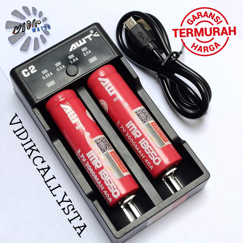 PAKET CHARGER DAN 2 BATTERY AWT AUTHENTIC AWT VAPE 18650 2 SLOT