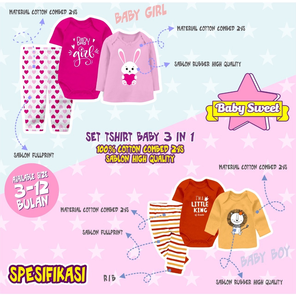 BAJU BAYI SETELAN BAYI UNISEX 3IN1 USIA 3 BULAN - 12 BULAN
