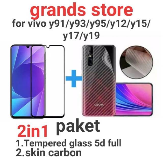 (2in1)Tempered glass 5d full+skin carbon vivo y91/y93/y95/y12/y12s/y15/y17/y19/y20/y20i/y20s/y30/y30i/y50