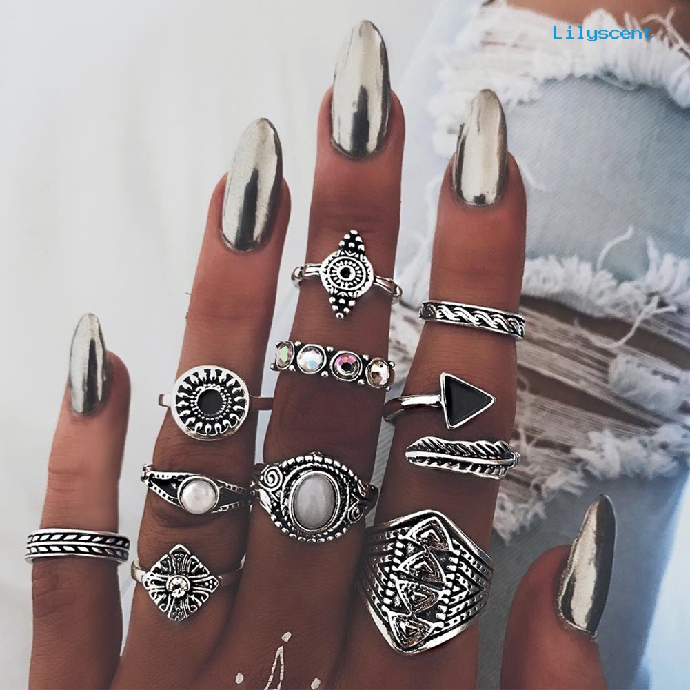 10pcs / Set Cincin Buku Jari Aneka Bentuk Gaya Boho Retro Untuk Wanita