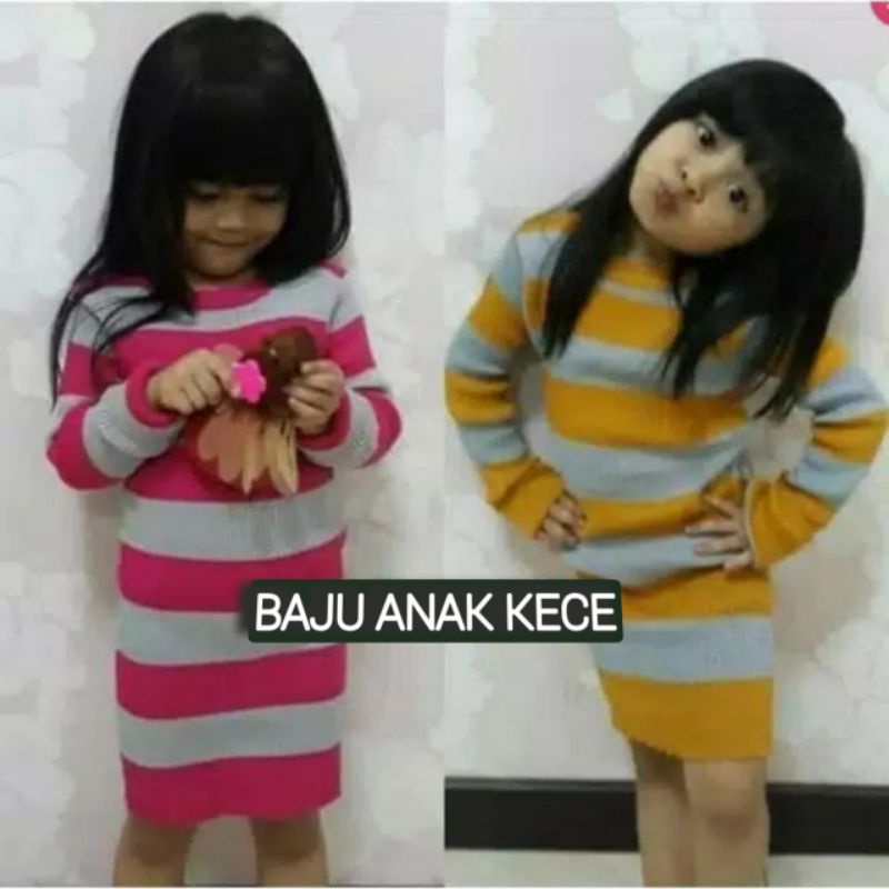 Dress Rajut Anak Salur Besar Lengan Panjang Usia 2 3 4 Tahun Baju Dress Anak Perempuan Masa Kini