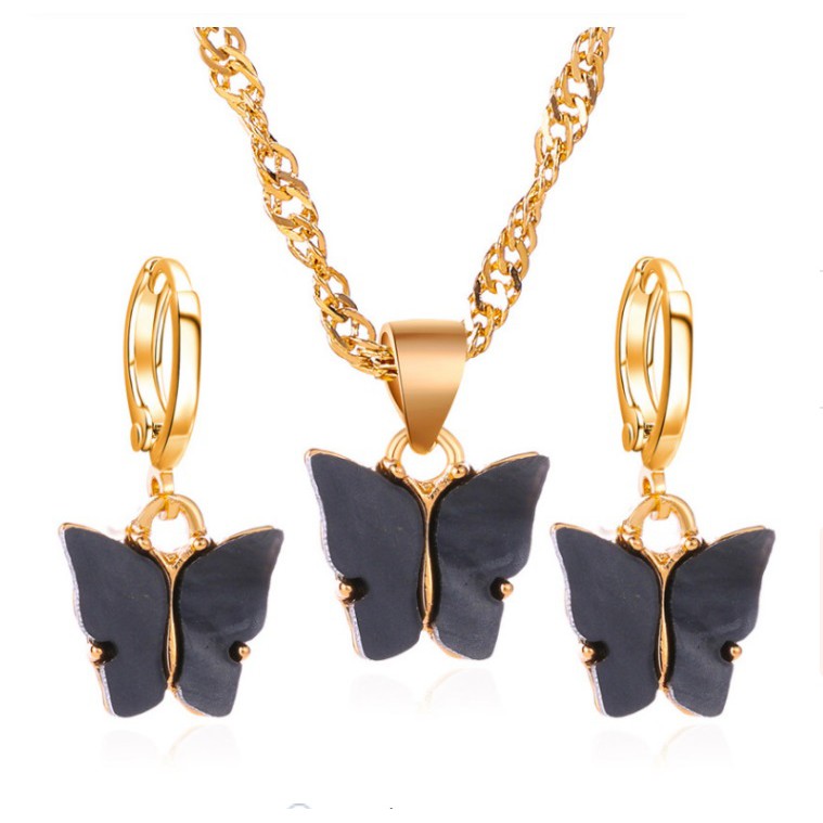 SET Kalung + Liontin + Anting KUPU-KUPU WARNA Korea Fashion Wanita Butterfly Rantai Titanium Alloy