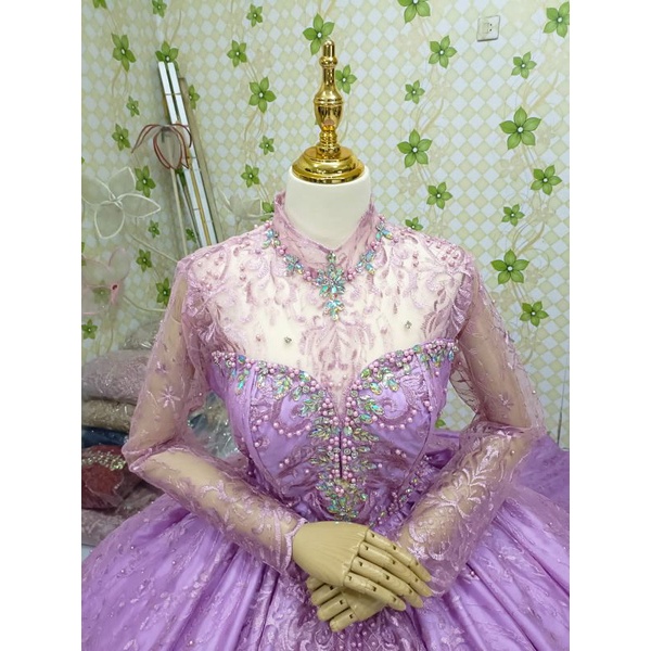 Gaun pengantin semi premium warna lilac ekor panjang