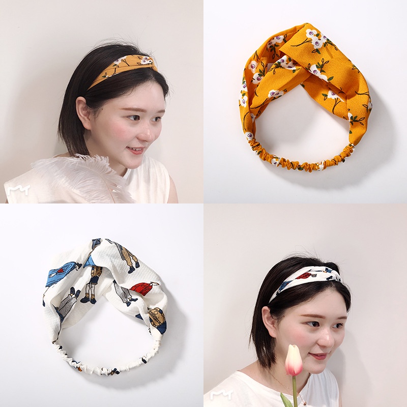 Fashion Bando  bandana Hairband Versi Korea dari macan tutul print bunga baru bertepi lebar cross hairband wanita headband printing rajutan sorban kasual penyerap keringat