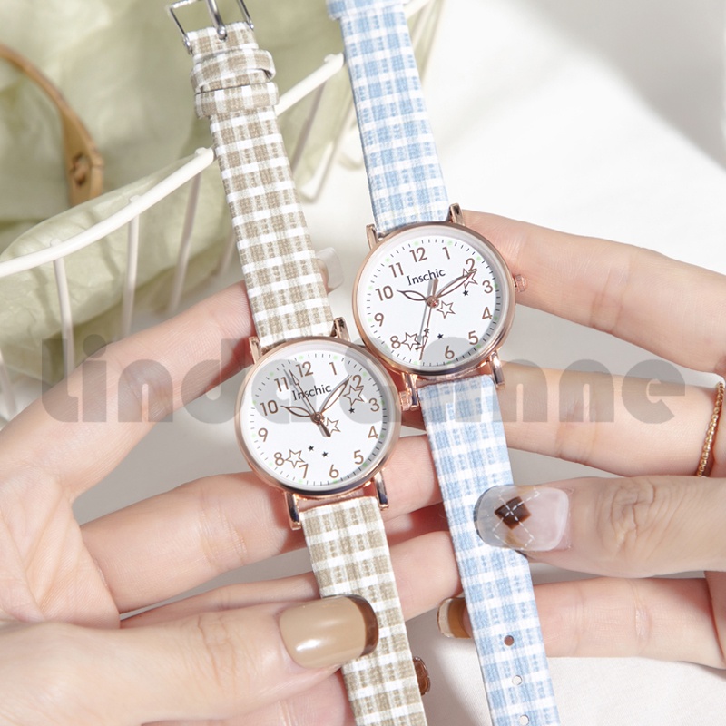 Jam Tangan Analog Wanita Strap Pu Kotak-Kotak Motif Bintang Aksespris Fashion