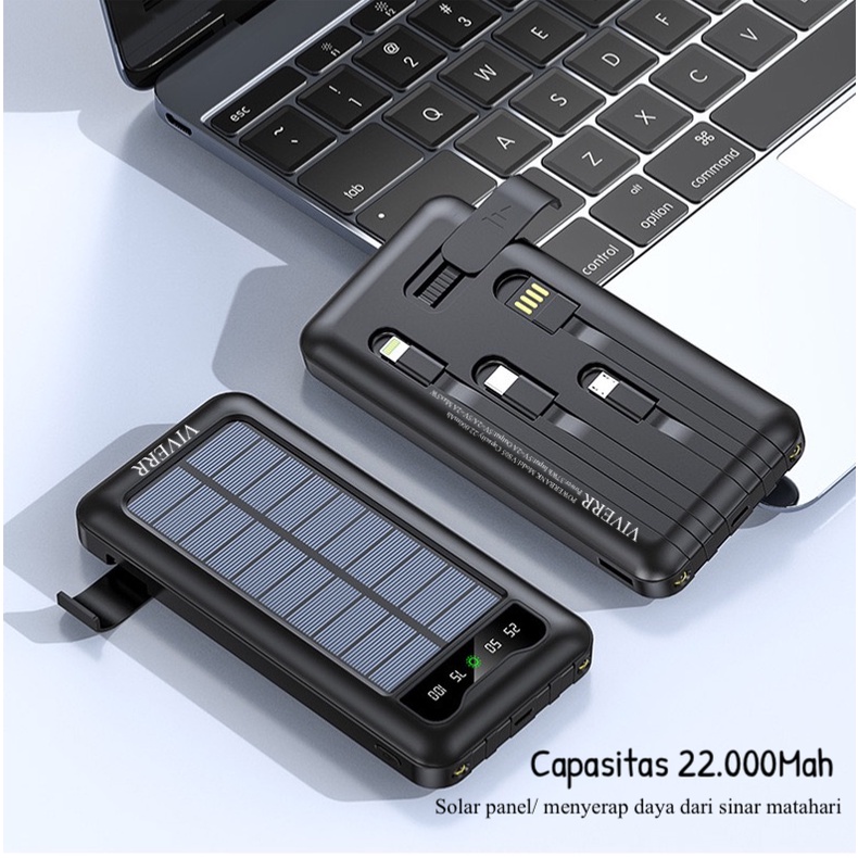 Powerbank VIVERR VS05 Solar Panel Cahaya matahari kapasitas 22.000 mAh Original Garansi 1tahun.