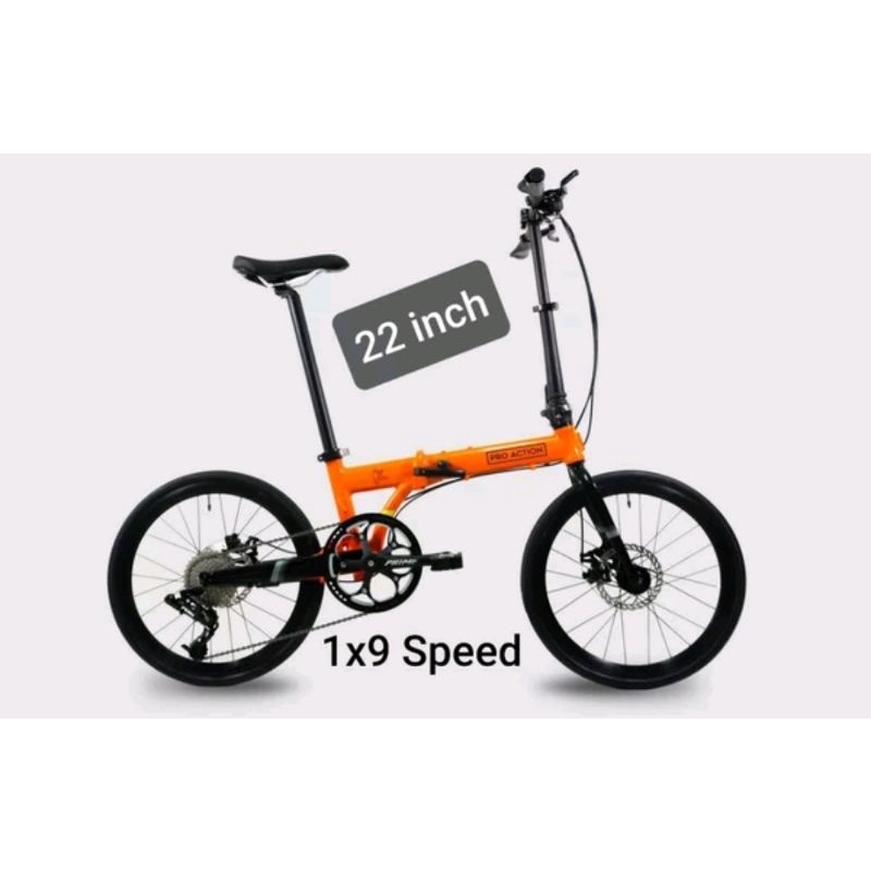 Sepeda Lipat 22 inch Pro Action Falcon . Folding bike Warna Oren Orange biru blue  1 x 9 Speed Sram sepeda lipat seli