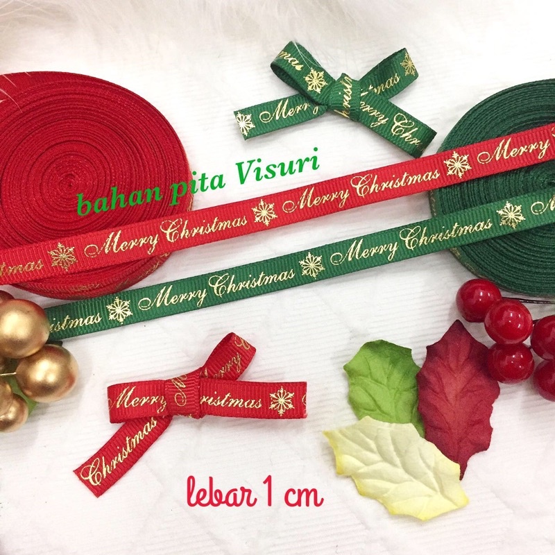 Pita Natal Merry Christmas Sablon Gold Grosgrain 1 cm per 5yard(4,5 meter)