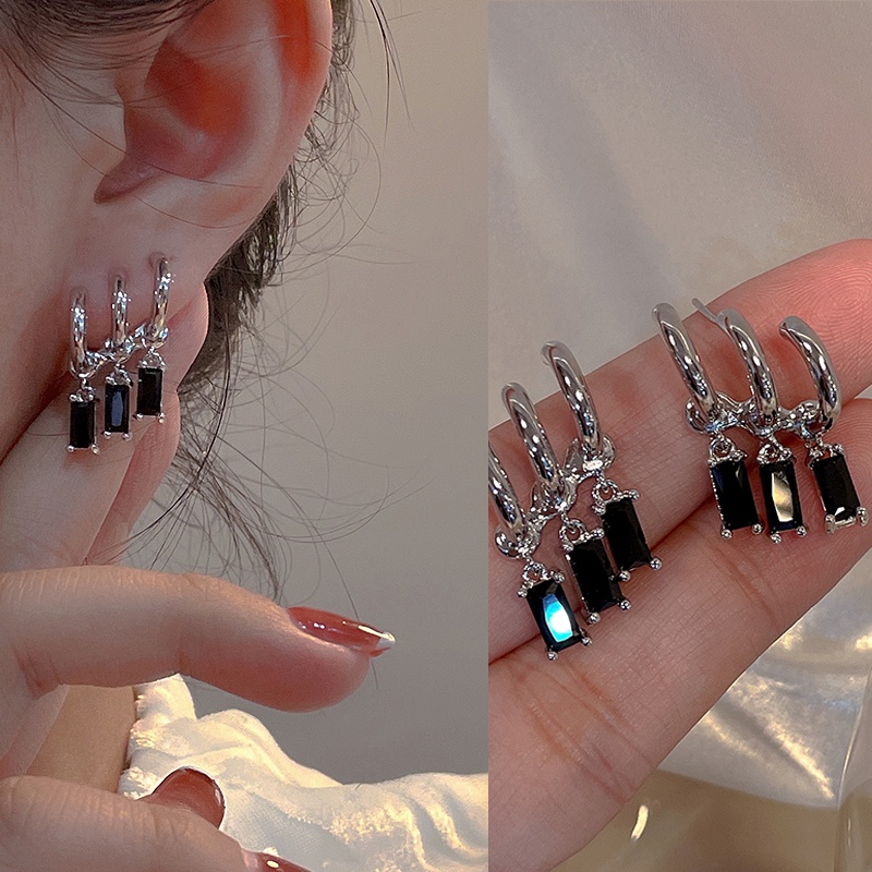 Anting Stud Zircon Warna Hitam Gelap Untuk Aksesoris Wanita