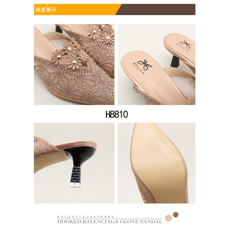 HELIVA NADIA Mid Heels 5,5cm Sepatu Mules Batik Bunga Bahan Kulit Gliter H8810 Original Brand Heels Kondangan Manik