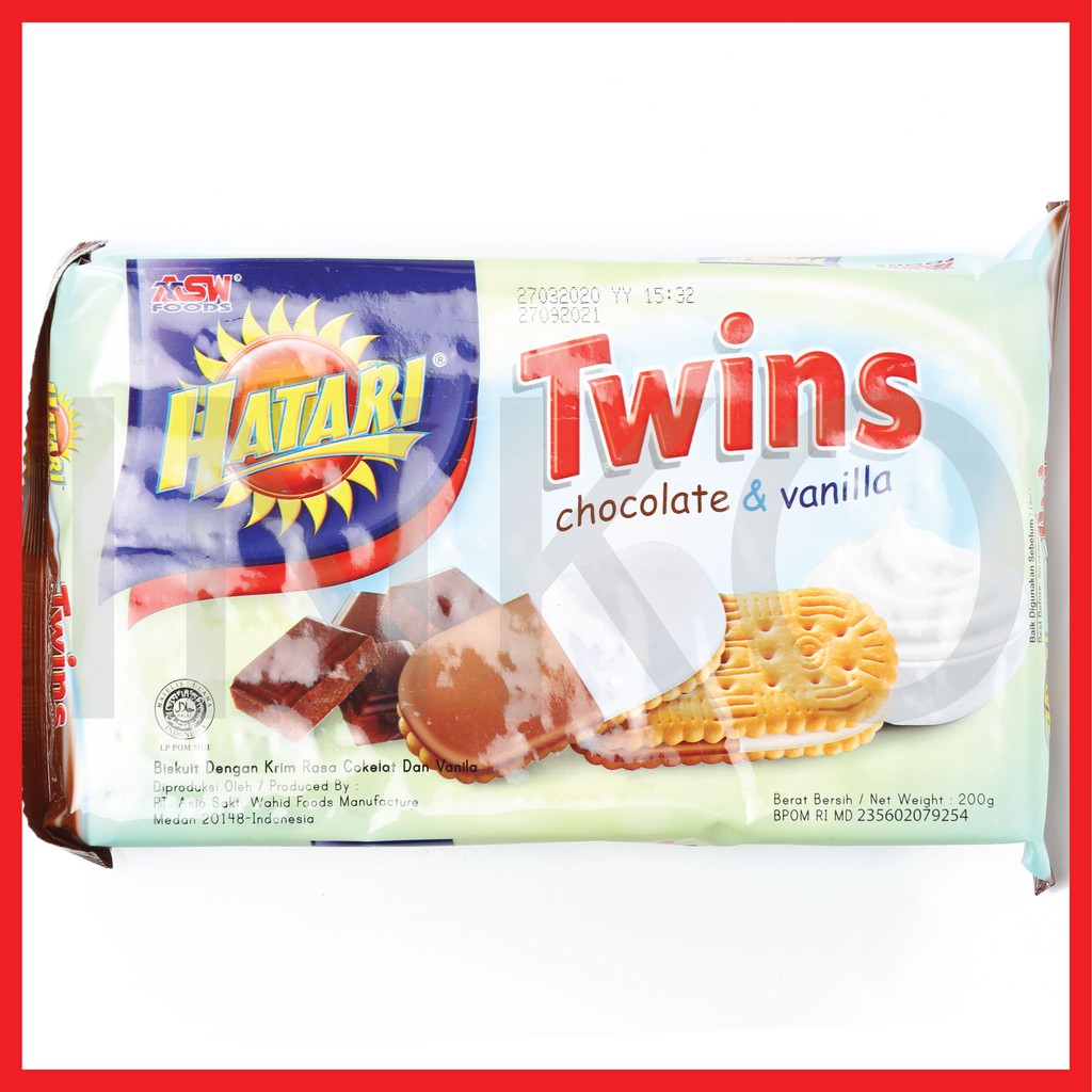 

HATARI TWINS CHOCOLATE VANILLA BISKUIT DENGAN KRIM RASA COKELAT DAN VANILA 200GR