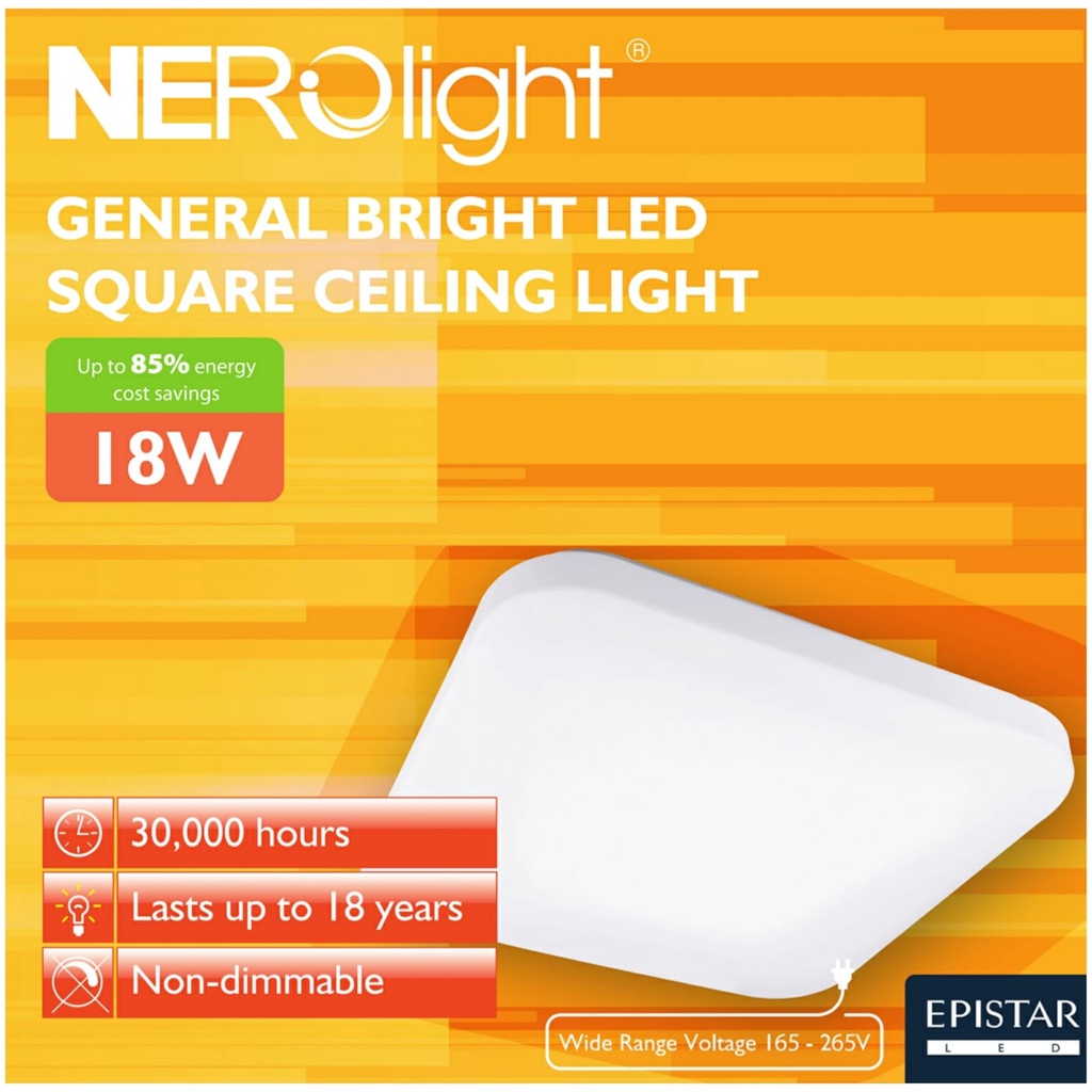 General Bright LED SQUARE 18W Ceiling Light (Super DayLight,Super CoolWhite,Bright WarmWhite) NERO