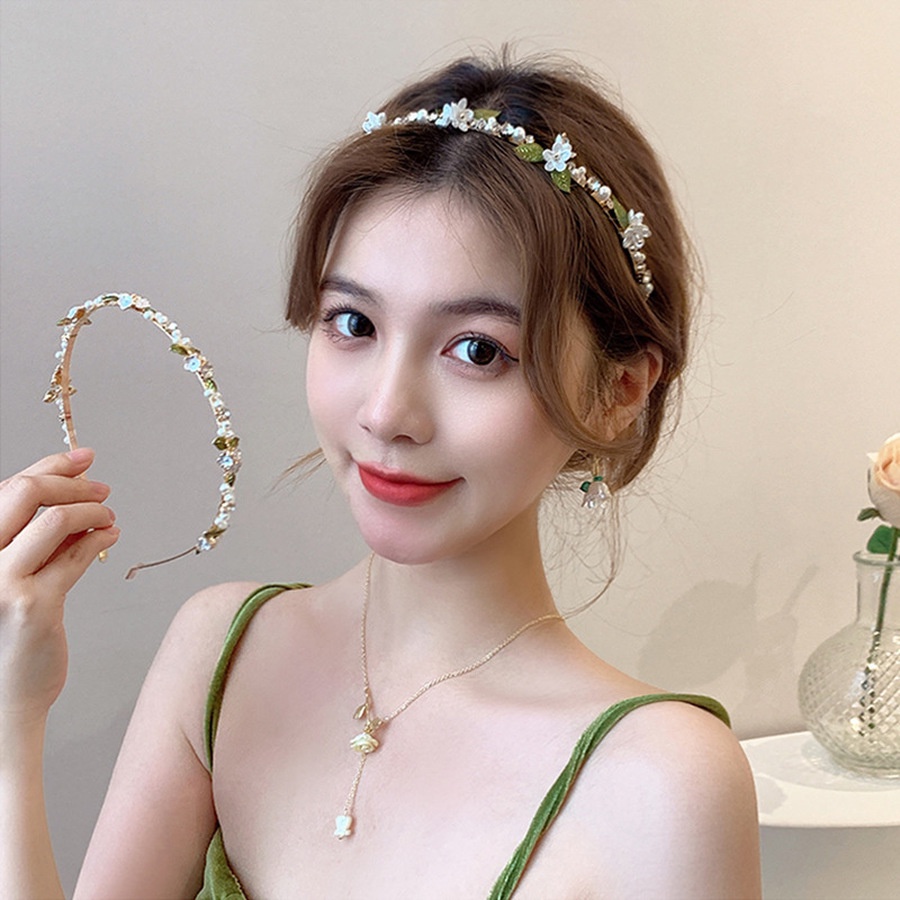 Bando Desain Bunga Daun Aksen Mutiara Kristal Berlian Imitasi Bahan Logam Gaya Korea Untuk Wanita