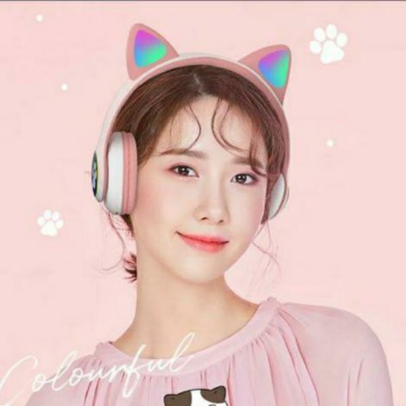 Headphone Bluetooth LED Cat Ear Macaron STN-28  Headset Eaerphone Wireless Bando Kucing LED