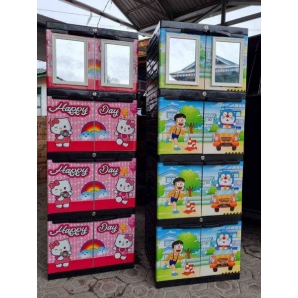 Lemari PLastik Diva / Aquose Mini Susun 4 + Double Cermin / Hello Kitty /Doraemon
