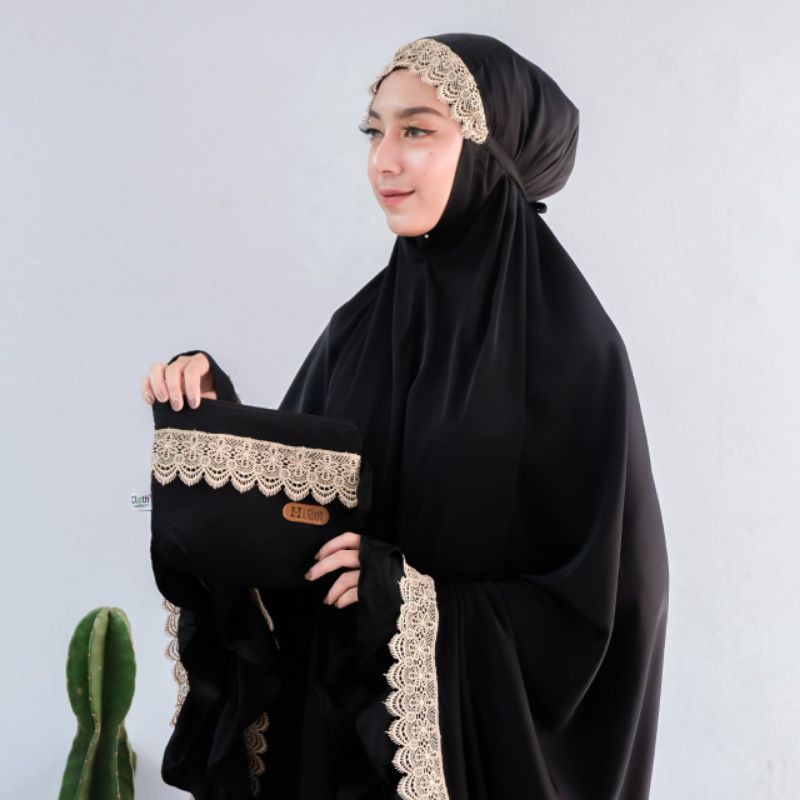 mukena silky premium syari nutup dagu renda tile | renda bordir