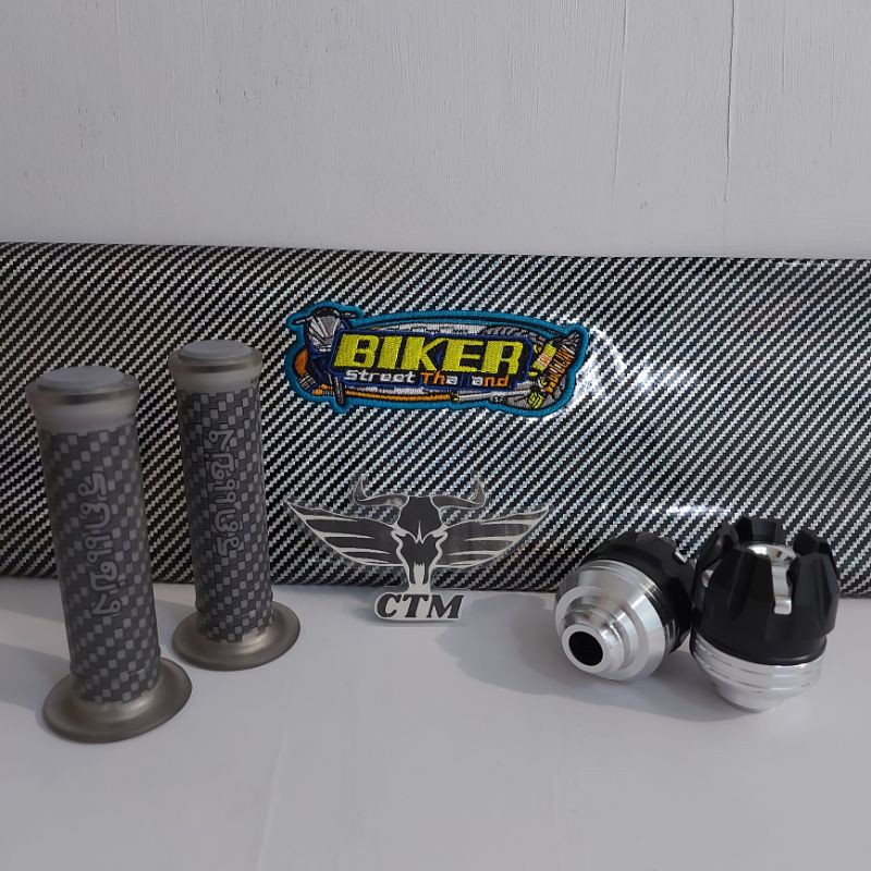 [PAKET SILVER] Sarung Kulit Jok Biker Karbon / Grip Karbon / Jalu As Roda Depan - SILVER