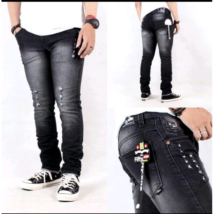 CELANA JEANS SOBEK PRIA BIKERS PANJANG ORIGINAL FIFTEEN DENIM SLIMFIT SKINY STRECHT SOFTJEANS/Celana Jeans Panjang Sobek Lutut Pria Stretch bisa bayar Bayar Ditempat