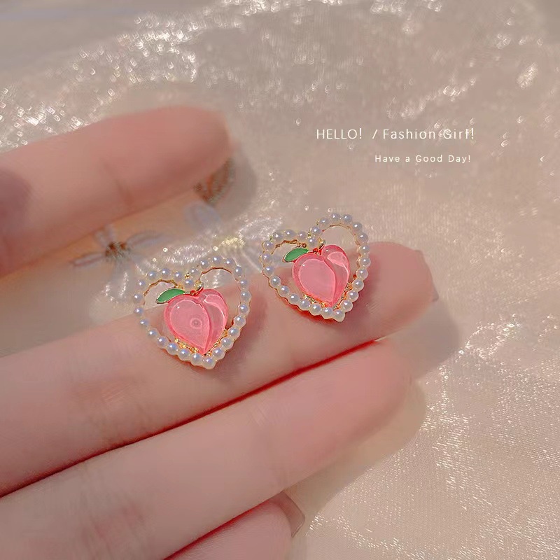 Anting Stud Bentuk Hati Warna Pink Aksen Mutiara Untuk Wanita