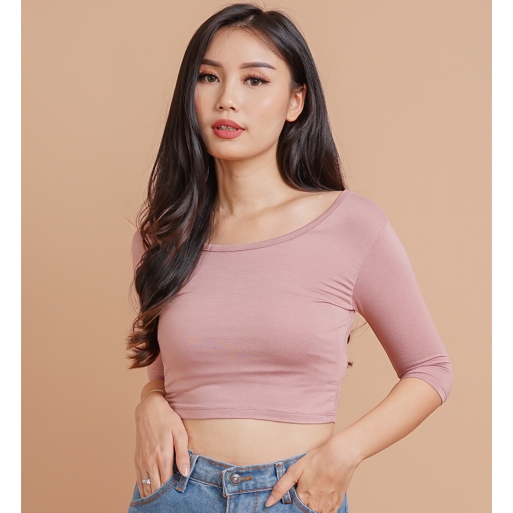 MODAVIE - ZORA Kaos Casual Plain Short Sleeve Crop Top 3/4 Baju Wanita