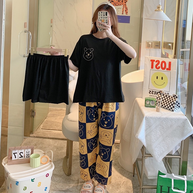 AJW Shop Piyama 3in1 | Piyama Import Dewasa | Setelan Wanita Kekinian | Baju Tidur Wanita Dewasa-Poo Black