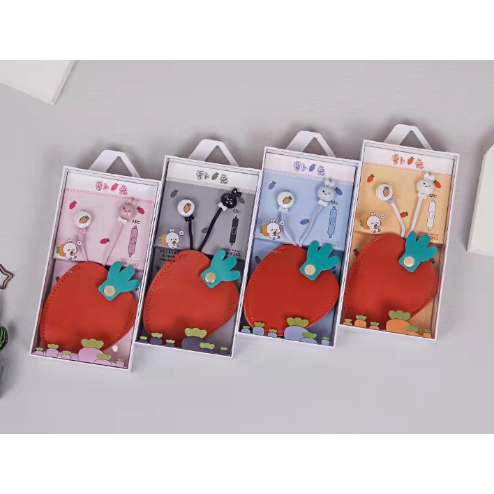 [KN-8243] Headset Earphone RABBIT Kelinci Lucu dengan Wadah Earphone CARROT / Tempat Earphone Bentuk WORTEL / Dompet Headset Kulit Carrot