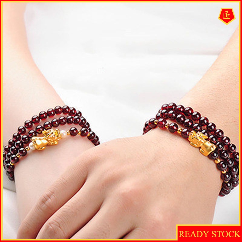 [Ready Stock]Gold Lucky Beads Three-Ring Garnet Bracelet