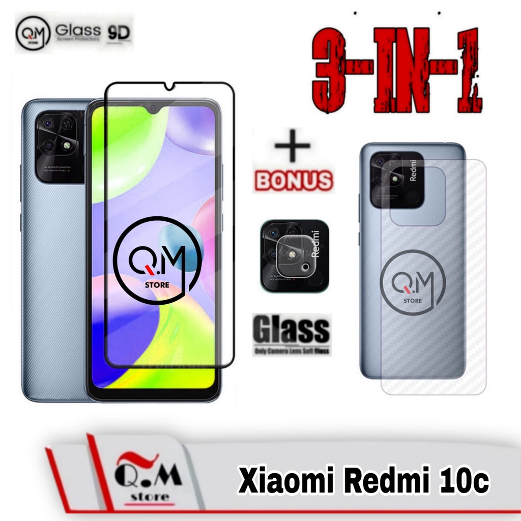 Paket 3in1 Tempered Glass Layar Xiaomi Redmi 10C Anti Gores Layar Screen Guard Pelindung Back Layar Full 9D