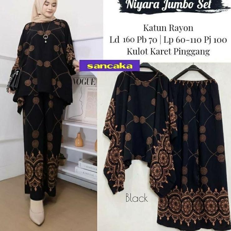 Siap Kirim.. NIYARA JUMBO SET Baju Setelan One Set Batwing Tunik Waka Waka Kulot Celana Panjang Moti