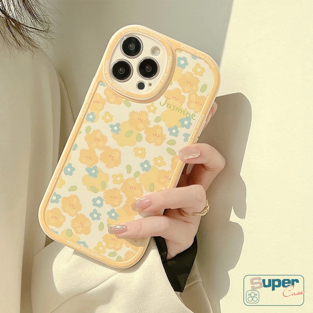 IPHONE Ins Fashion Retro Oval Segar Casing Ponsel Kompatibel Untuk Iphone14 11 XR X XS Max 13 12 11 14 Pro Max 6 6s 7 8 Plus SE 2020bunga Kuning Perlindungan Lensa Soft TPU Full Back Cover