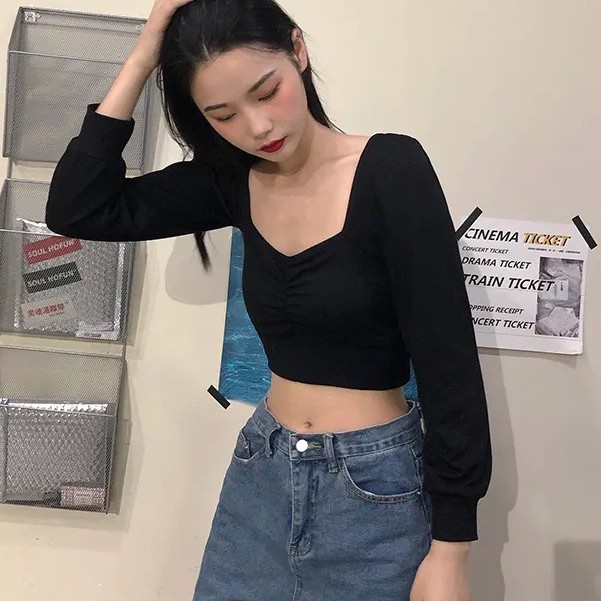 Korean Long Sleeve Crop Top Blouse Wanita Lengan Panjang 1186 (S-XL)