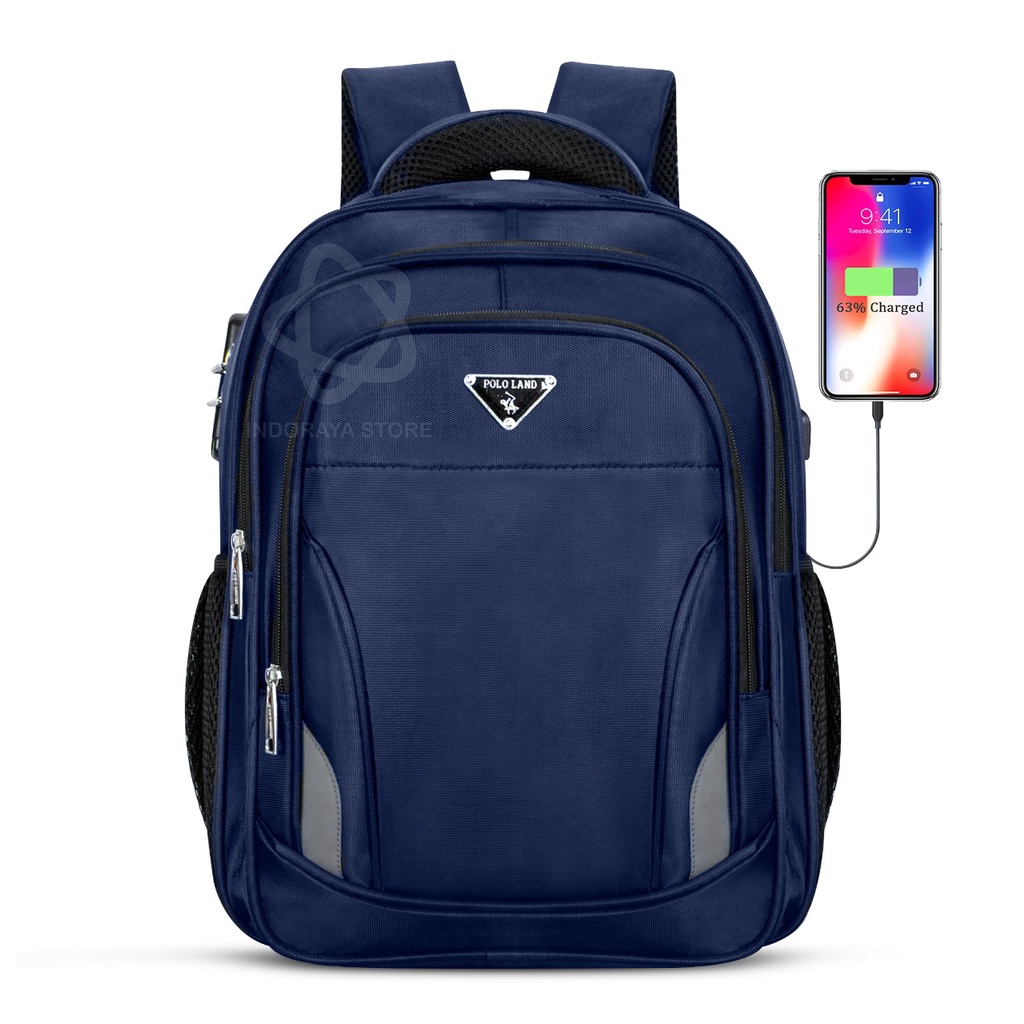 POLO GLAD Tas Ransel Sekolah 16 inc Original Backpack Pria Wanita Key Lock FREE USB Port Tas Laptop Ransel Import-Blue