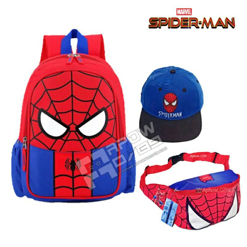 3in1 tas ransel anak topi dan tas selempang anak laki laki karakter spiderman waistbag anak tas punggung anak topi anak laki