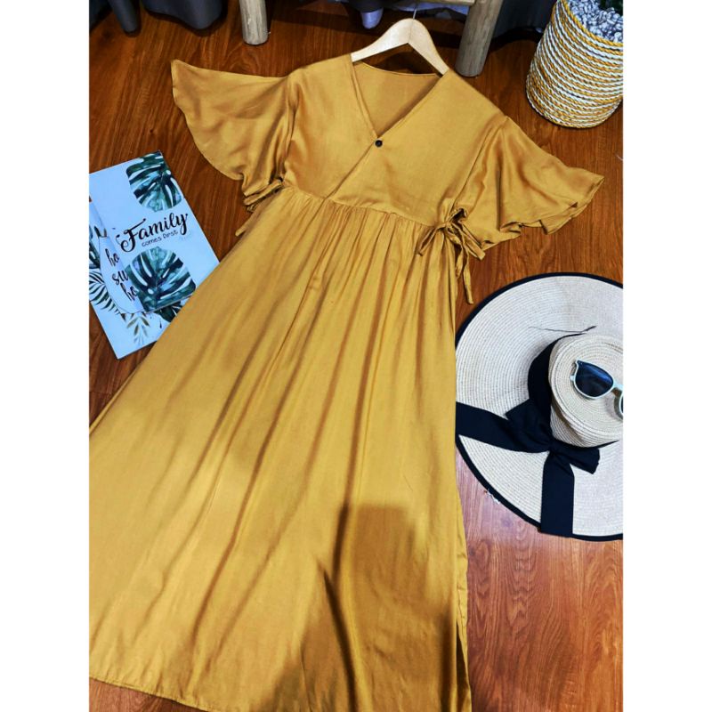 long daster kimono polos tangan lonceng | long daster cantik | long daster kimono | daster | daster kekinian | daster busui-Mustard