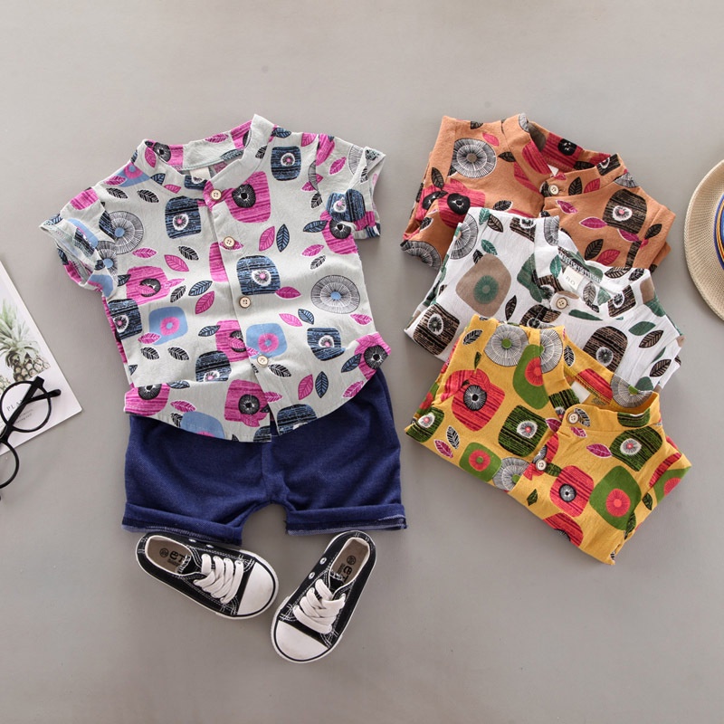DinoDino SETELAN BAJU KEMEJA ANAK LAKI LAKI IMPORT FLORAL DAUN LUCU PAKAIAN PESTA KERAH CIANGI IMUT 