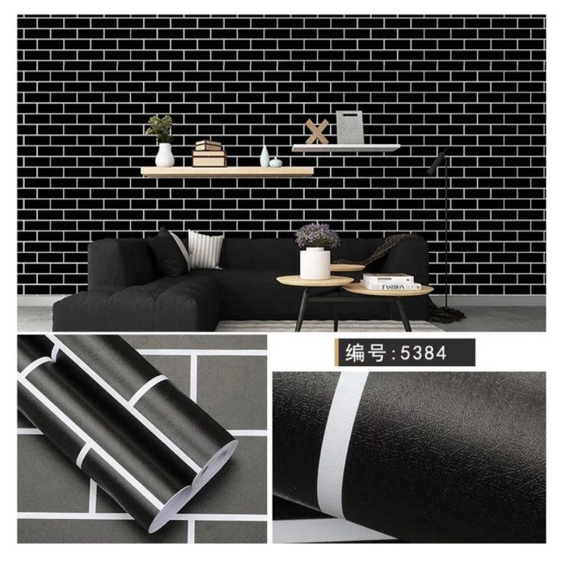 WALLPAPER DINDING MOTIF BATA HITAM LIST PUTIH 10m x 45cm