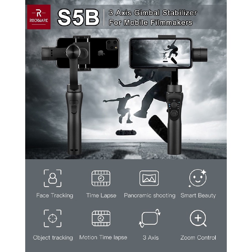 ROCKWARE RW-S5B - 3-Axis Folding Stabilizer - Gimbal Smartphone