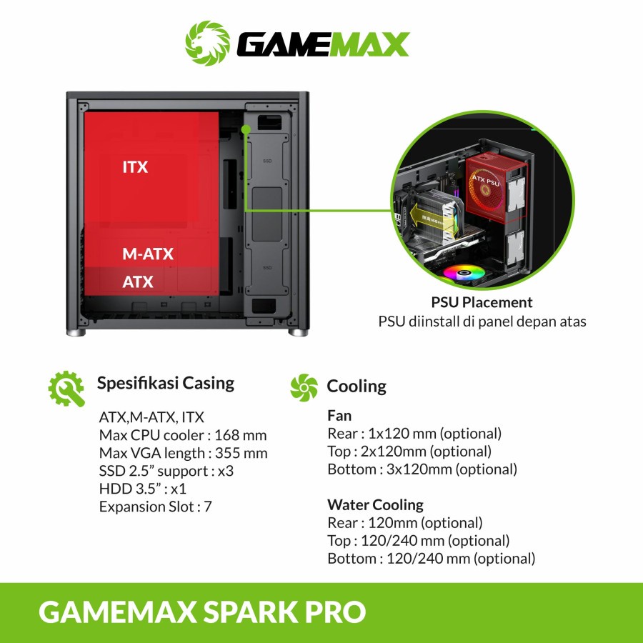 GameMax Spark Pro Black ATX Gaming PC Case