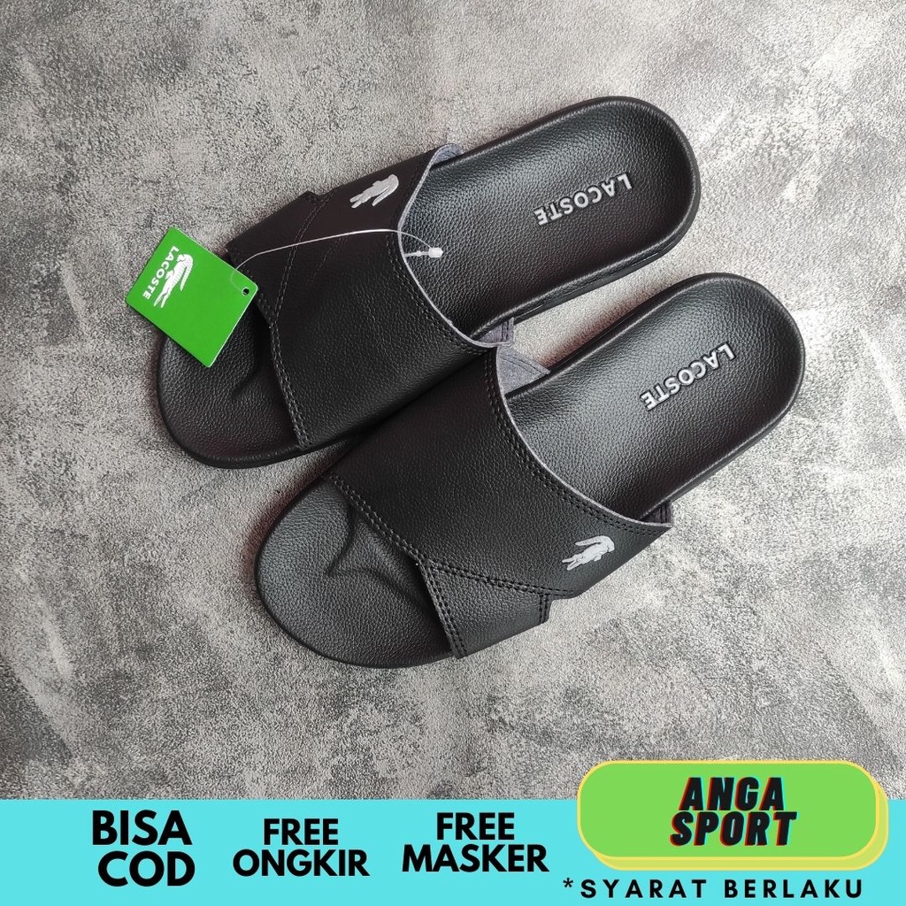 SANDAL PRIA SLIDE LACOSTE CROCO HITAM PREMIUM / SENDAL SANTAI FLIP FLOP DEWASA KEREN / SANDAL COWOK SLOP SEMI KULIT CASUAL SIZE 39-43