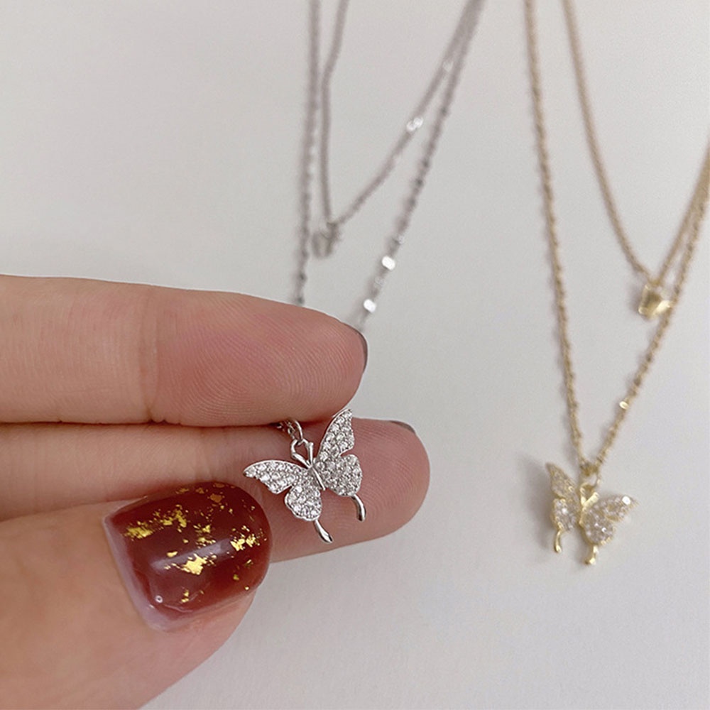 Needway  Accessories Butterfly Necklace Women Chocker Clavicle Chain Shiny CZ Fashion Double Layer Gifts Temperament Butterfly Pendant Women Jewelry/Multicolor