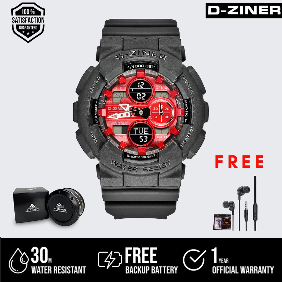 Jam Tangan Pria Dziner 8278 Original Double Time Plat Merah Water Resistant 30m