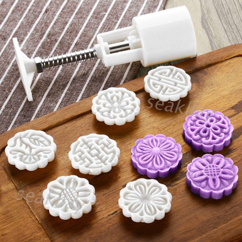 Sc 25g Mooncake Barrel Mold With 6pcs Flower Stamps Hand Press Moon Cake Pastry Diy