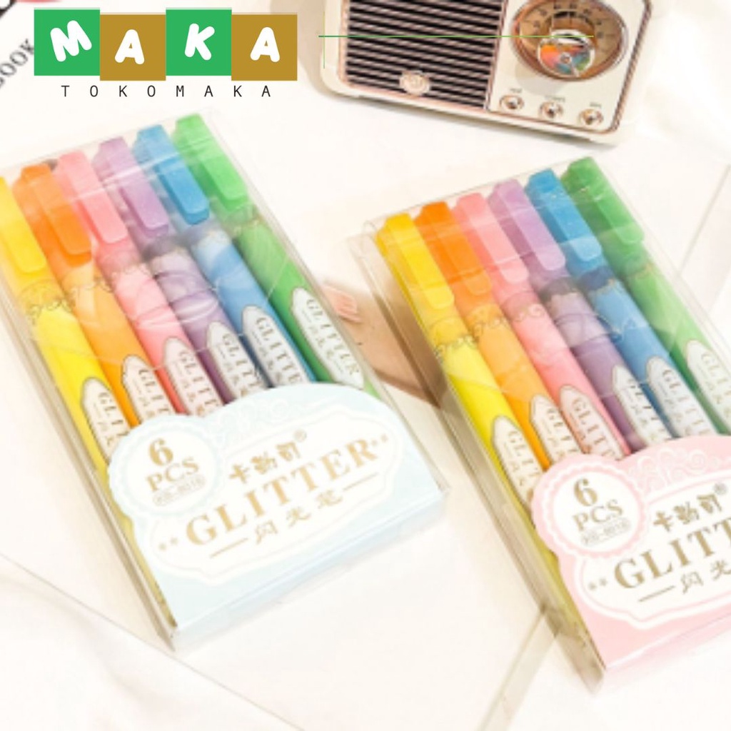 

highlighter glitter isi 6 KB8018 satu set stabilo glitter perlengkapan sekolah murah alat tulis kantor impor atk murah