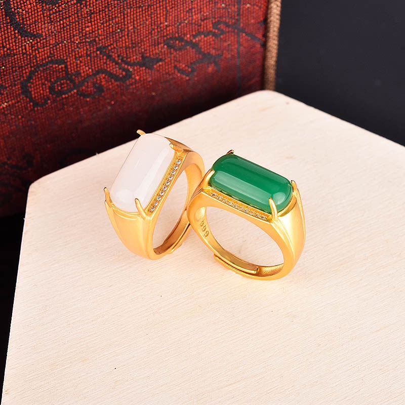 Goldkingdom Perhiasan Fashion Emas Asli Kadar 375 Bangkok Aksesoris Ready Stock Heritage Berlapis Emas Cincin Giok Hetian Jasper Sadel Adjustable Ring Untuk Pria Dan Wanita