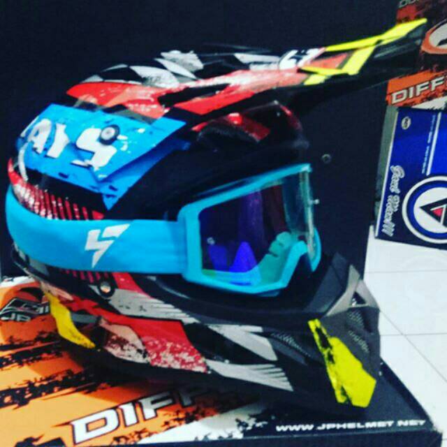 PAKET helm cross JPX Seven Days For Win Black+ Goggle LY 100 Racecraft Premium Light Blue