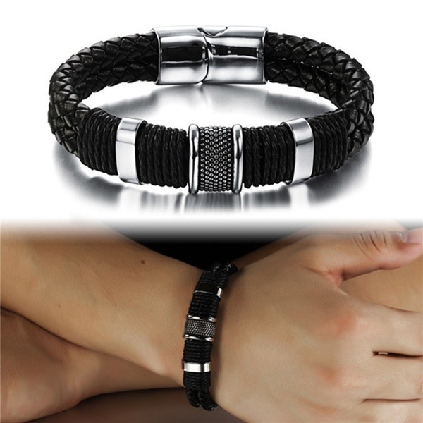 Gelang Bahan Kulit Alloy Warna Hitam Coklat Ukuran 21cm Untuk Pria