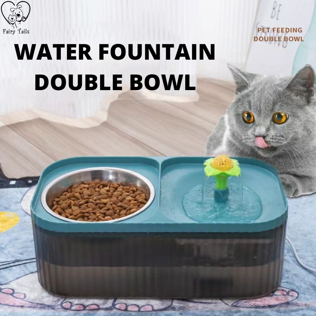 [NEW] Pet Water Fountain Dispenser Tempat Minum dan Wadah Makan Stainless Steel / Double Bowl Air Mancur Otomatis Untuk Kucing dan Anjing Anabul (Flowing Water) 2.5 L