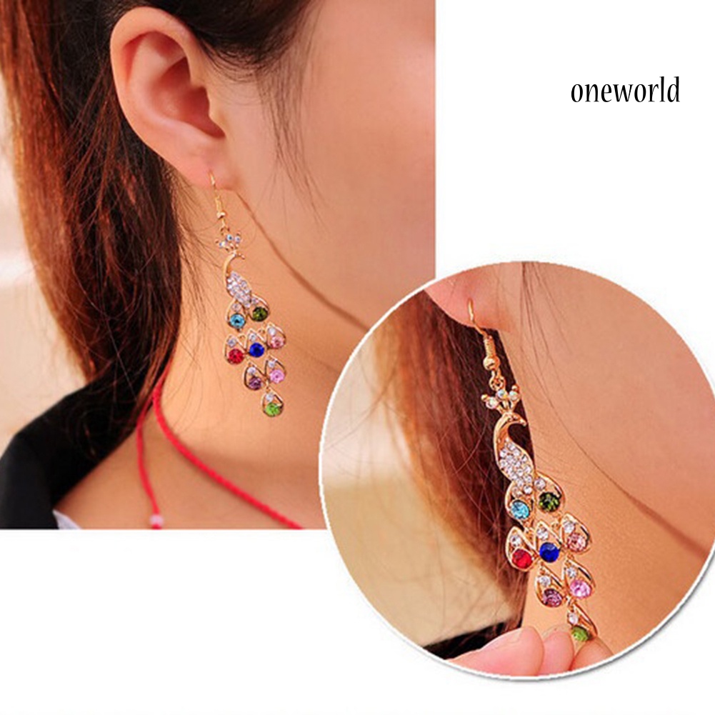 OW@ Women Bohemian Retro Peacock Eardrop Pendant Rhinestone Big Dangle Drop Earrings