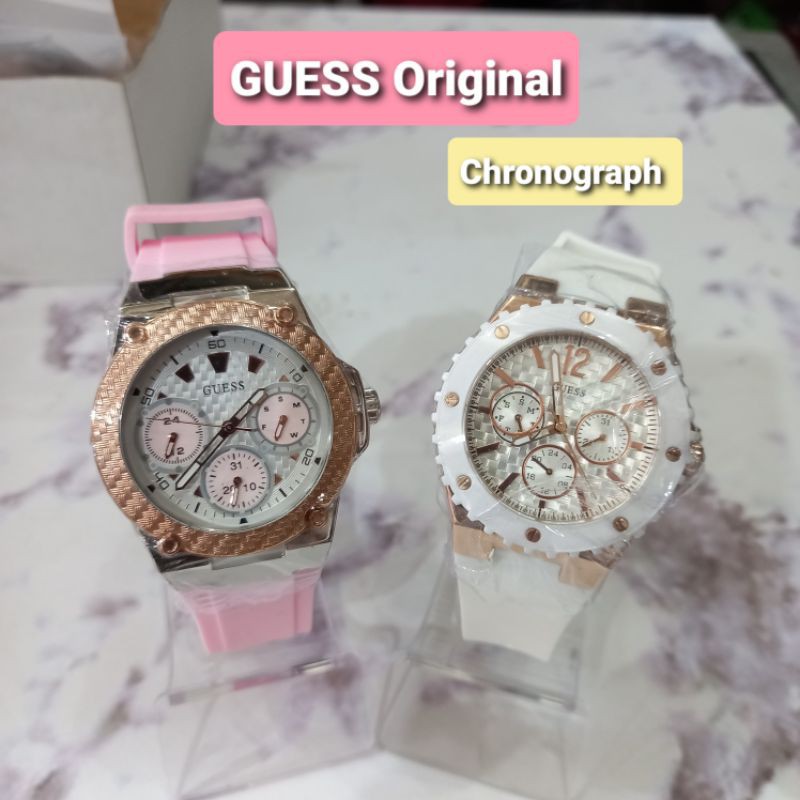 (Toko Ricoh) Original GUESS woman rubber watch y37003 / jam tangan wanita pink & putih.